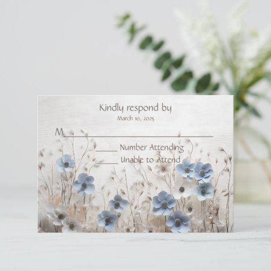 Blauw en Wit 3D Bloemtuin Huwelijk RSVP Kaartje (Staand voorkant)