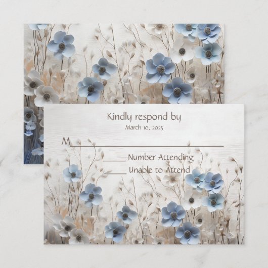  Blauw en Wit 3D Bloemtuin Huwelijk RSVP Kaartje (Voorkant / Achterkant)