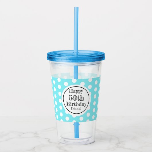 Blauw en wit 50ste verjaardag Polka Dots Acryl Drinkbeker (Voorkant)