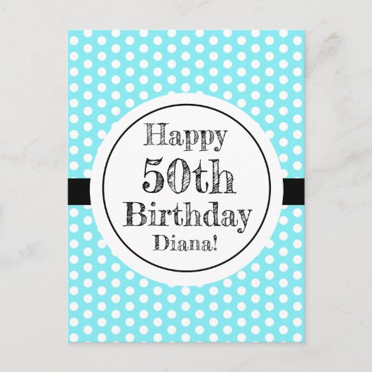 Blauw en wit 50ste verjaardag Polka Dots Briefkaart (Voorkant)