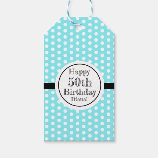 Blauw en wit 50ste verjaardag Polka Dots Cadeaulabel (Voorkant)