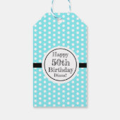 Blauw en wit 50ste verjaardag Polka Dots Cadeaulabel (Achterkant)