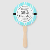 Blauw en wit 50ste verjaardag Polka Dots Handwaaier (Achterkant)