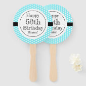 Blauw en wit 50ste verjaardag Polka Dots Handwaaier (Voorkant en achterkant)