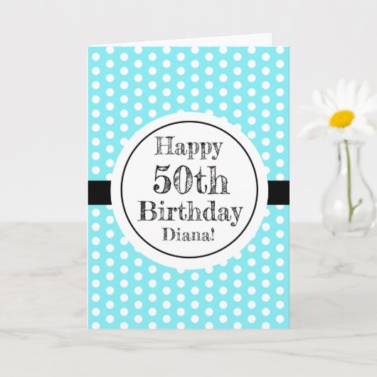 Blauw en wit 50ste verjaardag Polka Dots Kaart (Kleine Plant)