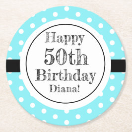 Blauw en wit 50ste verjaardag Polka Dots Ronde Kartonnen Onderzetter