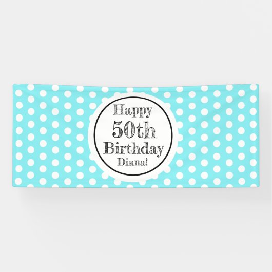 Blauw en wit 50ste verjaardag Polka Dots Spandoek (Horizontaal)