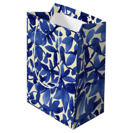 Blauw en wit abstract bladprint medium cadeauzakje (Achterkant Gekanteld)
