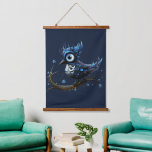 Blauw en Wit Abstract Blauw Jay Links Gezicht Hangend Wandkleed