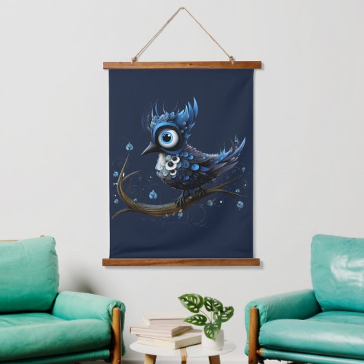Blauw en Wit Abstract Blauw Jay Links Gezicht Hangend Wandkleed (Woonkamer)