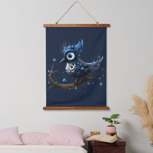 Blauw en Wit Abstract Blauw Jay Links Gezicht Hangend Wandkleed (Slaapkamer)