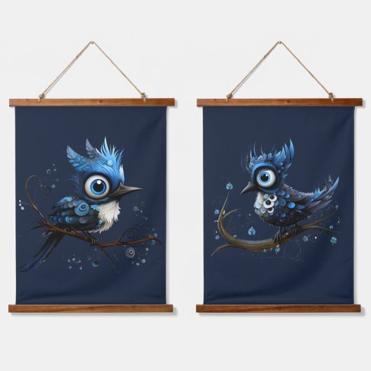 Blauw en Wit Abstract Blauw Jay Paar Hangend Wandkleed (Dubbel)