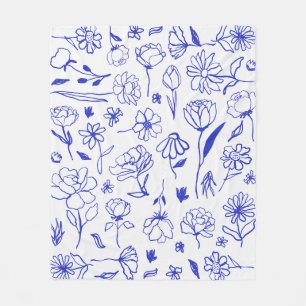Blauw en Wit Abstract Bloemen Botanische Inkt Art  Fleece Deken