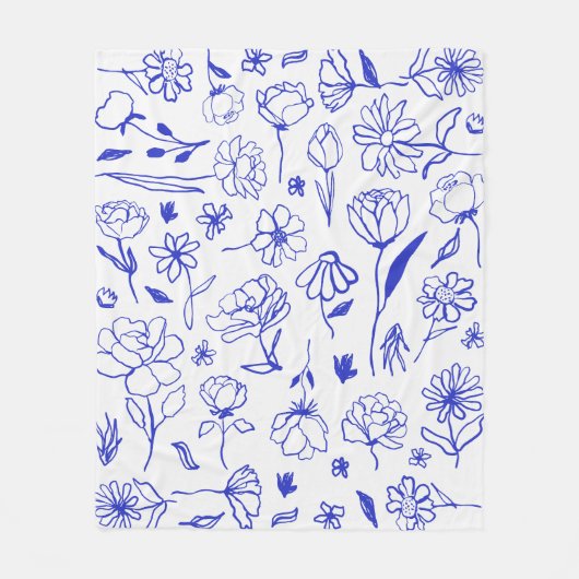 Blauw en Wit Abstract Bloemen Botanische Inkt Art  Fleece Deken (Voorkant)