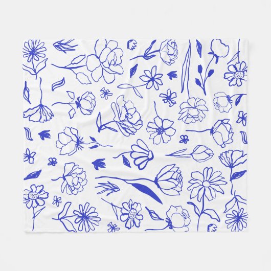 Blauw en Wit Abstract Bloemen Botanische Inkt Art  Fleece Deken (Voorkant (Horizontaal))