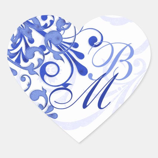 Blauw en Wit Abstract Bloemen Envelopzegel Hart Sticker (Voorkant)