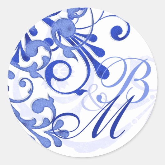 Blauw en Wit Abstract Bloemen Envelopzegel Ronde Sticker (Voorkant)
