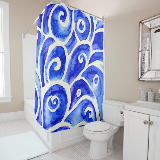 Blauw en wit Abstract Curly-ontwerppatroon Douchegordijn (In situ)