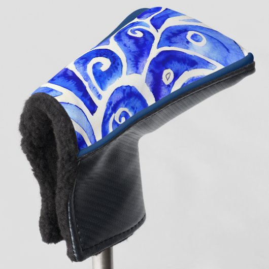 Blauw en wit Abstract Curly-ontwerppatroon Golfheadcover (3/4 voorkant)