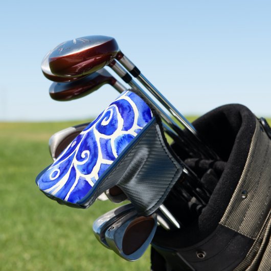 Blauw en wit Abstract Curly-ontwerppatroon Golfheadcover (Insitu)