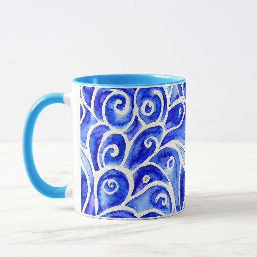 Blauw en wit Abstract Curly-ontwerppatroon Mok (Links)