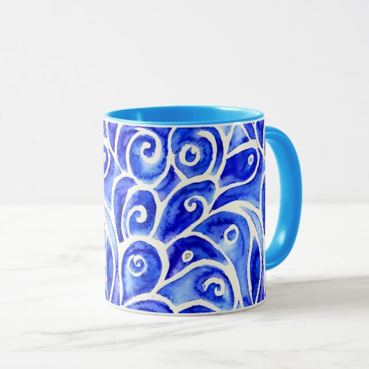 Blauw en wit Abstract Curly-ontwerppatroon Mok (Voorkant rechts)