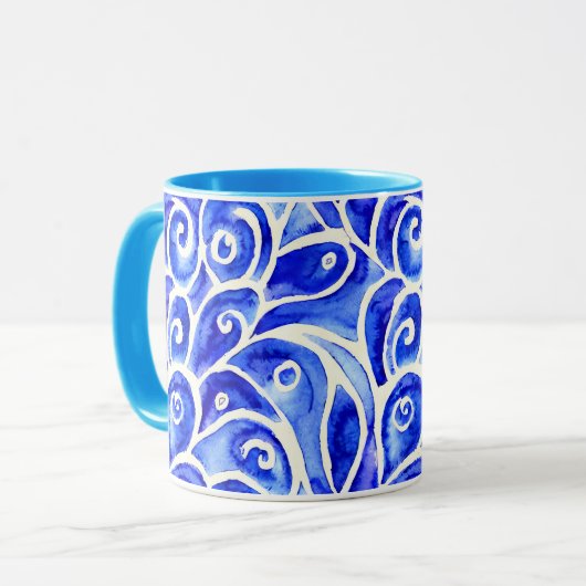 Blauw en wit Abstract Curly-ontwerppatroon Mok (Voorkant links)