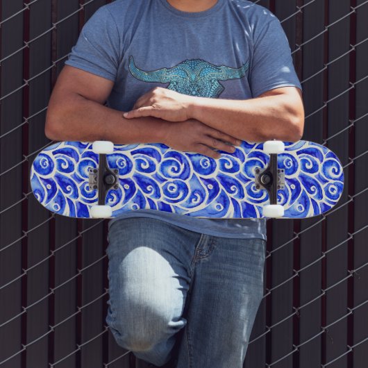 Blauw en wit Abstract Curly-ontwerppatroon Persoonlijk Skateboard (Buiten 3)
