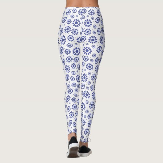 blauw en wit Abstract Daisy Pattern Leggings (Achterkant)