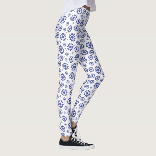  blauw en wit Abstract Daisy Pattern Leggings (Rechts)