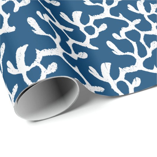 Blauw en wit Abstract koraal, herstellend patroon Cadeaupapier (Rol Hoek)