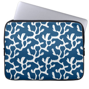 Blauw en wit Abstract koraal, herstellend patroon Laptop Sleeve