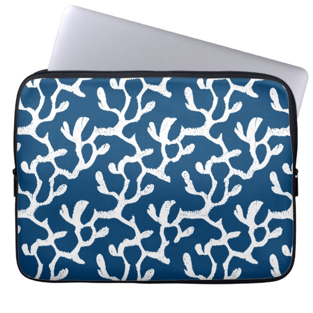 Blauw en wit Abstract koraal, herstellend patroon Laptop Sleeve (Voorkant)