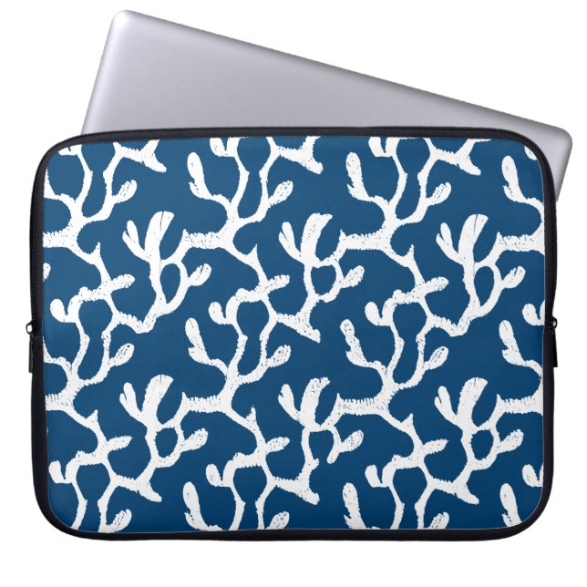 Blauw en wit Abstract koraal, herstellend patroon Laptop Sleeve (Voorkant)