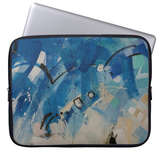 Blauw en wit abstract schilderij laptop sleeve (Voorkant)