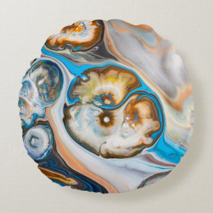 Blauw en wit abstract schilderij rond kussen
