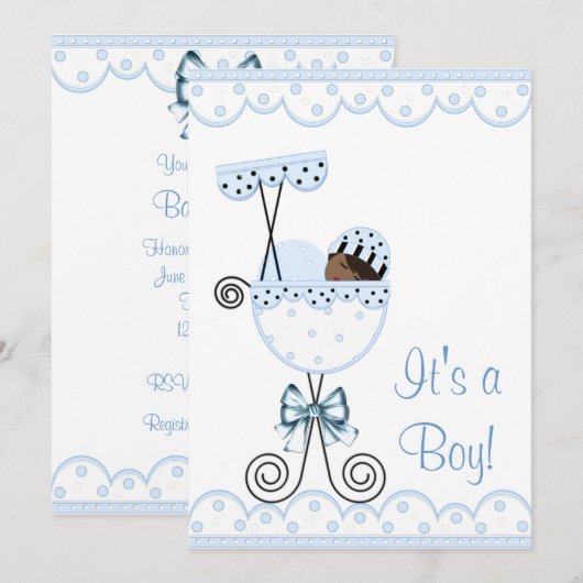Blauw en wit Afro-Amerikaanse Baby Boy Shower Kaart (Voorkant / Achterkant)