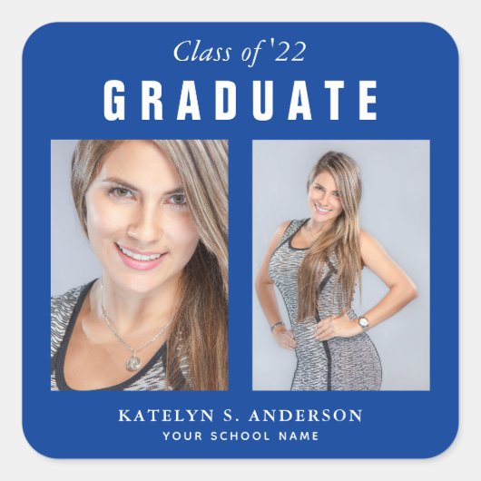 Blauw en wit Afstuderen Foto Collage Vierkante Sticker (Voorkant)