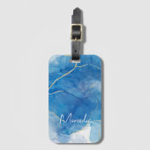 Blauw en wit Agate Marble Abstracte Name Monogram Bagagelabel (Voorkant (verticaal))