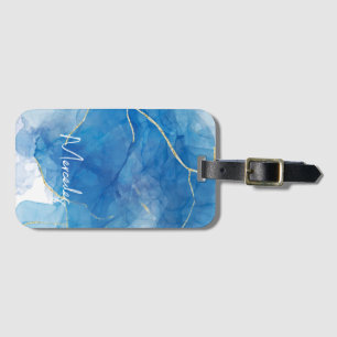 Blauw en wit Agate Marble Abstracte Name Monogram Bagagelabel