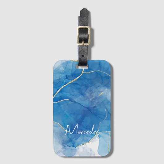 Blauw en wit Agate Marble Abstracte Name Monogram Bagagelabel (Voorkant (verticaal))