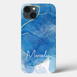 Blauw en wit Agate Marble Abstracte Name Monogram Case-Mate iPhone Case