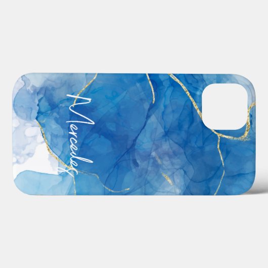 Blauw en wit Agate Marble Abstracte Name Monogram Case-Mate iPhone Case (Achterkant (horizontaal))