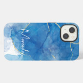 Blauw en wit Agate Marble Abstracte Name Monogram iPhone Hoesje (Achterkant horizontaal)