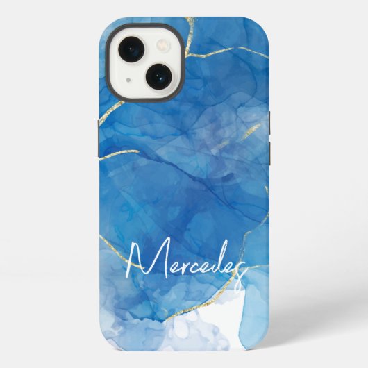 Blauw en wit Agate Marble Abstracte Name Monogram iPhone Hoesje (Achterkant)