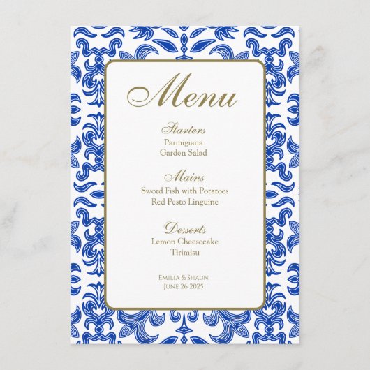 Blauw en Wit Amalfi Stijl Bruiloft Menu (Voorkant)
