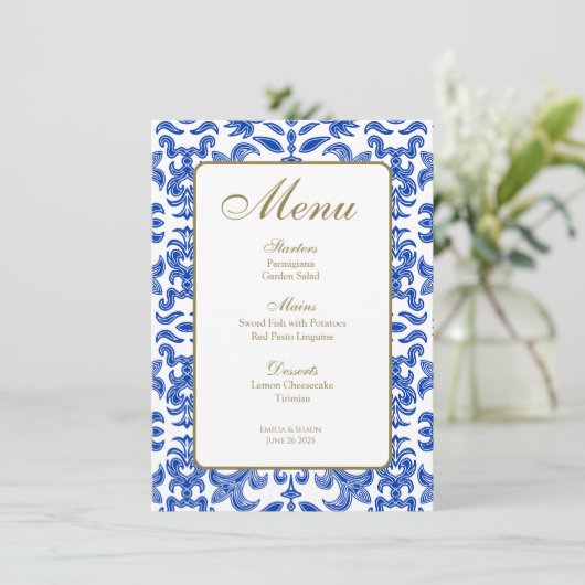 Blauw en Wit Amalfi Stijl Bruiloft Menu (Staand voorkant)