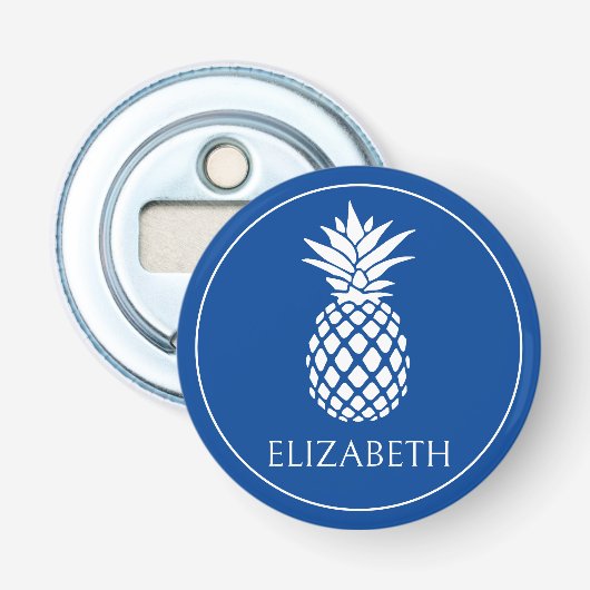 Blauw en Wit Ananas Persoonlijk Geschenk Button Flesopener (Voorkant)