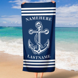 Blauw en Wit Anker met de Tekst van de Naam van de Strandlaken