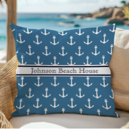 Blauw en wit ankerpatroon naam kussen